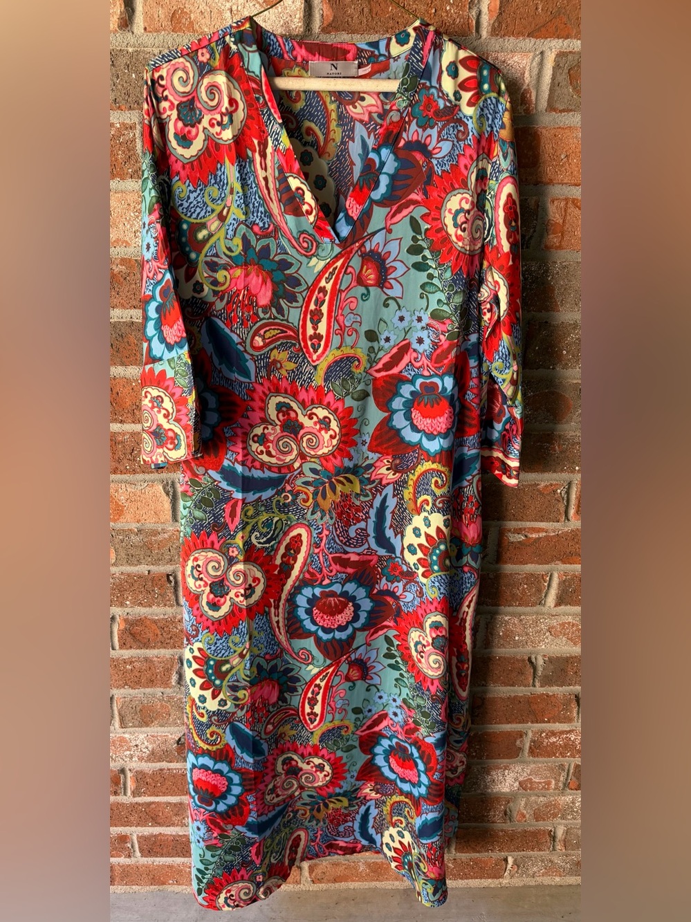 Natori Portofino Caftan featuring a vibrant, multicolored floral paisley pattern